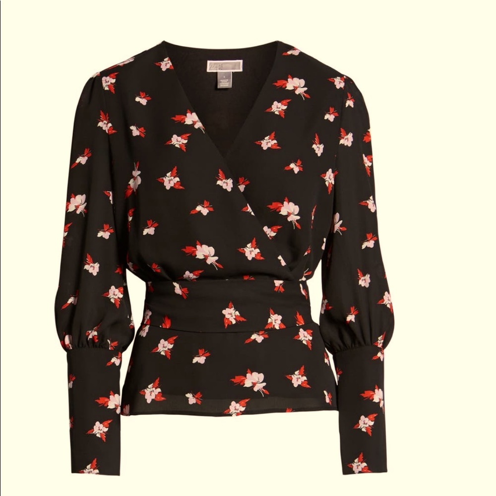 Chelsea28 faux-wrap, floral blouse, with V-neck and waist-cinching tie.